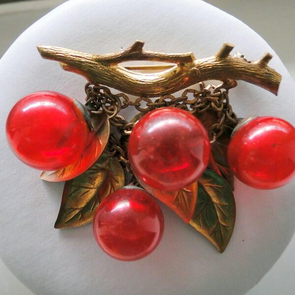 CIJ SALE Brooch Red Ball Plastic Dangling Cherries Brass Branch and Leaves