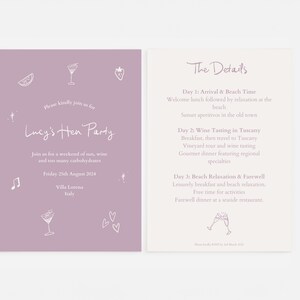 Może przedstawiać: Dwustronne zaproszenie. Lewa strona jest lawendowa z napisem "Lucy's Hen Party" i ilustracjami. Prawa strona jest kremowa, szczeg&oacute;łowo opisująca przebieg wydarzenia, w tym degustację wina i relaks na plaży.