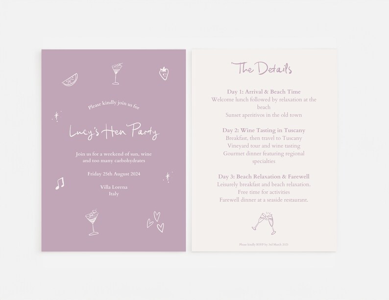 Może przedstawiać: Dwustronne zaproszenie. Lewa strona jest lawendowa z napisem "Lucy's Hen Party" i ilustracjami. Prawa strona jest kremowa, szczeg&oacute;łowo opisująca przebieg wydarzenia, w tym degustację wina i relaks na plaży.