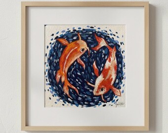 Koi Fisch Kunst - Originale Gouache Malerei, Van Gogh inspiriert Mini Art, 10 x 10 cm, Ungerahmt