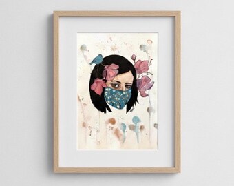 Original Aquarell Portrait, surreale Blumenkunst, kreative Wandkunst, 21 x 30 cm, Ungerahmt