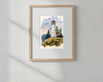 Original Aquarell Gemälde - Mini Wandbild, Leuchtturm, 15 x 20 cm, Ungerahmt