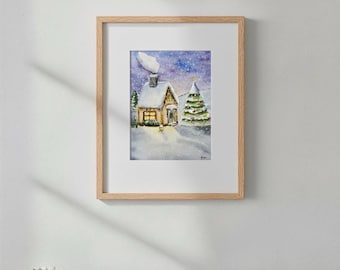 Gemütliches Weihnachtshäuschen - Original Aquarell Malerei, Mini Wandbild (15 x 20 cm, Ungerahmt)