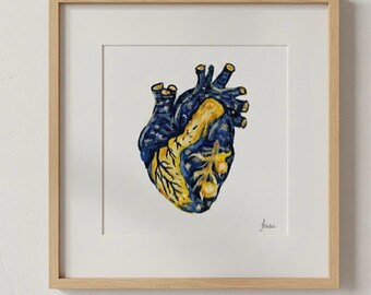 Anatomisches Herz - Originale Gouache-Malerei, Van Gogh inspirierte Mini Kunst, 10 x 10 cm, Ungerahmt