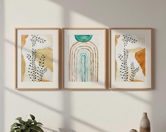 Minimalistische Boho Wandkunst - Original Aquarell Bilder (3-teilig), 30 x 40 cm, Ungerahmt