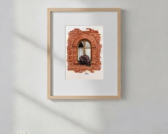 Original Gouache Malerei - Mini Wandkunst, Ziegelbogen-Fenster mit Blumen, 15 x 20 cm, Ungerahmt