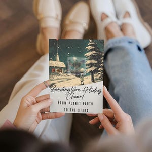 Vintage Alien Christmas Card | Retro Sci-Fi Holiday Greeting | Snowy Forest Scene | Space-Themed Festive Card | Instant Download