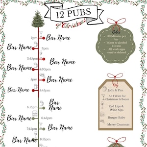 Puede incluir: Un gráfico informativo con temática navideña con un árbol verde y 12 pubs listados con horarios e iconos que representan bebidas y comida. El gráfico informativo incluye reglas, una clave y un desafío.