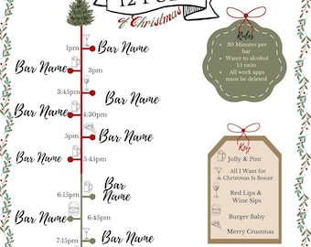 May include: A Christmas-themed infographic with a green tree and 12 pubs listed with times and icons representing drinks and food. The infographic includes rules, a key, and a dare.