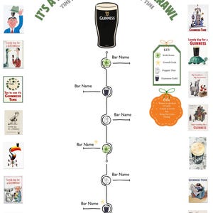 Può includere: Un poster a tema Guinness per un giro dei pub con il testo "It's a lovely day for a bar crawl". Il poster include illustrazioni di pinte di Guinness, icone irlandesi e pubblicità vintage. Il poster è progettato per guidare le persone attraverso un giro dei pub.