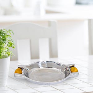 Serving Tray with Ivory-like Handles - Silver-Like Decorative Tray, Handcrafted Pewter Tray to serve. Elegant Silver-like Tray Red Accents