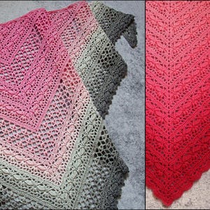 Peut inclure: Un châle crocheté à la main dans un dégradé de rose, de gris et de charbon de bois. Le châle présente un motif ajouré délicat avec un bord festonné. La couleur passe du rose clair au gris foncé.
