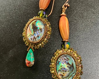 Beaded Abalone, Turquoise and Crystal drop earrings