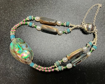 Double strand beaded Abalone, Pearl and Turquoise Bracelet
