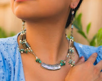 Artisan Beaded Abalone Bar Necklace with Pearls and Turquoise
