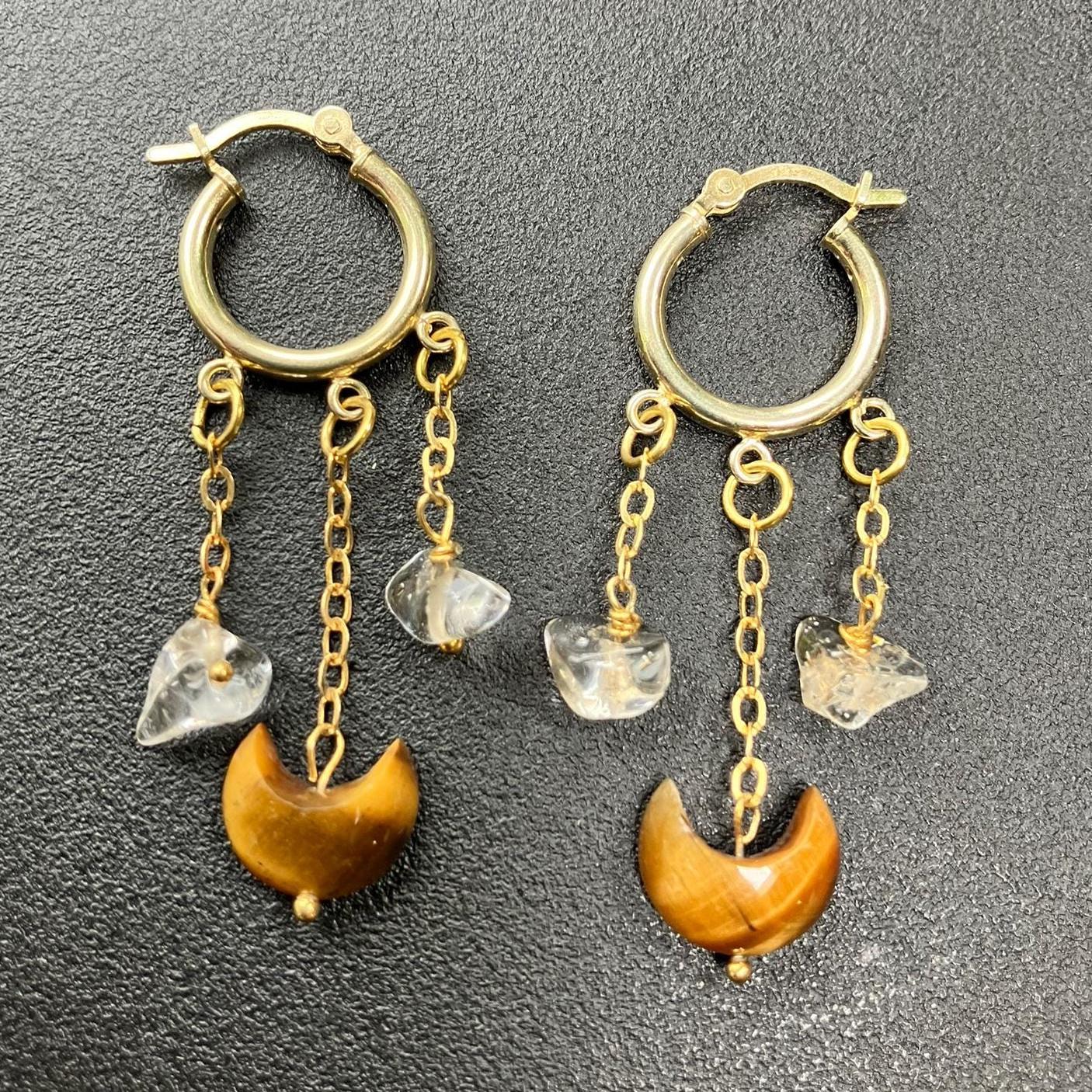 アクセサリー EAR RING PJ - GOLD 22K Vermeil Hoop Earrings With Carved Tiger Eye Moon and Citrine