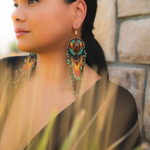 Indigenous Beaded Carnelian and Turquoise Fringe Earrings