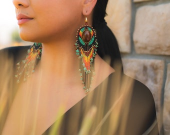 Indigenous Beaded Carnelian and Turquoise Fringe Earrings