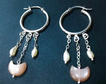 Sterling Silver Peach moonstone and freshwater hoop earrings