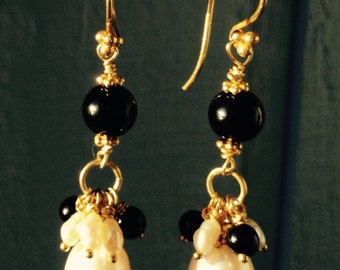 Black onyx and baroque Pearl 24k vermeil earrings