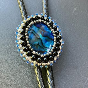 Hand-Beaded Abalone Bolo Tie: Sterling Silver Tips, Leather Lariat