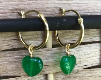 14K Gold Vermeil Hoops with Jade Heart Drop Earrings