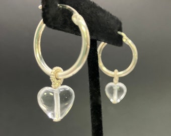 Sterling Silver Hoops with Quartz Crystal or Rose Quartz Heart Drop Earrings