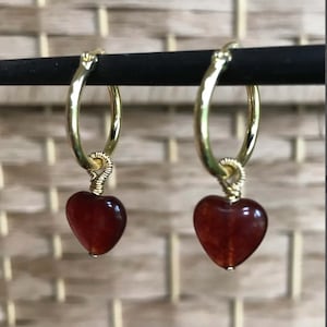 14K Gold Vermeil Hoop earrings, Red Jade Heart Drop Earrings, heart Red jade hoop earrings