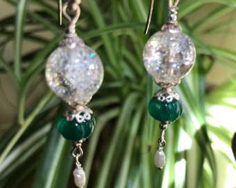 Crinkle quartz and Green Onyx Dangle Earrings