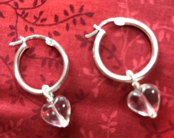 Sterling Silver Hoops with Quartz Crystal or Rose Quartz Heart Drop Earrings