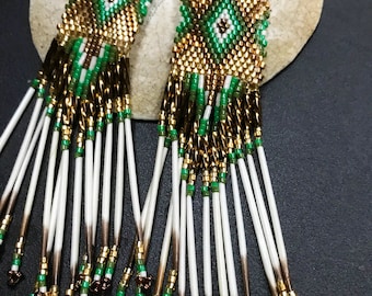 Indigenous Beaded Earrings, Coast Miwok Basket Weave, Porcupine Quill Jewelry, Earth Tone Statement