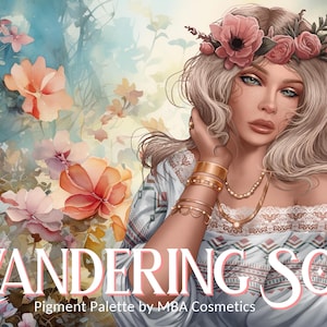 May include: Digital artwork featuring a woman with blonde hair, adorned with a floral crown and gold jewellery. The image displays the text "WANDERING SOUL" and "Pigment Palette by MBA Cosmetics" against a backdrop of pink and orange flowers.