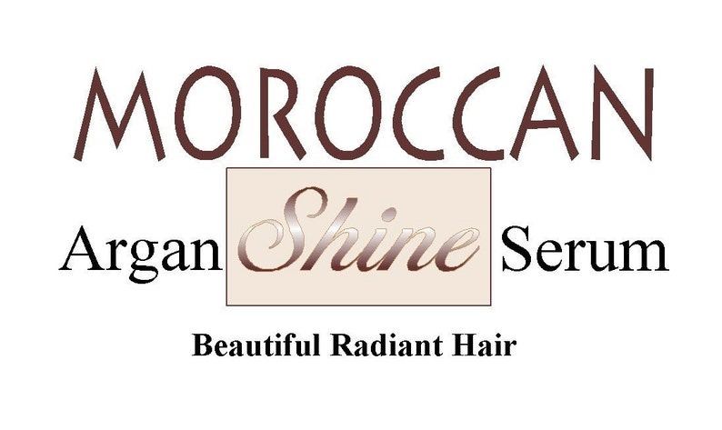 May include: White background with the words "MOROCCAN Argan Shine Serum" in brown and beige lettering. The text "Beautiful Radiant Hair" is at the bottom. The word "Shine" is in a beige box.