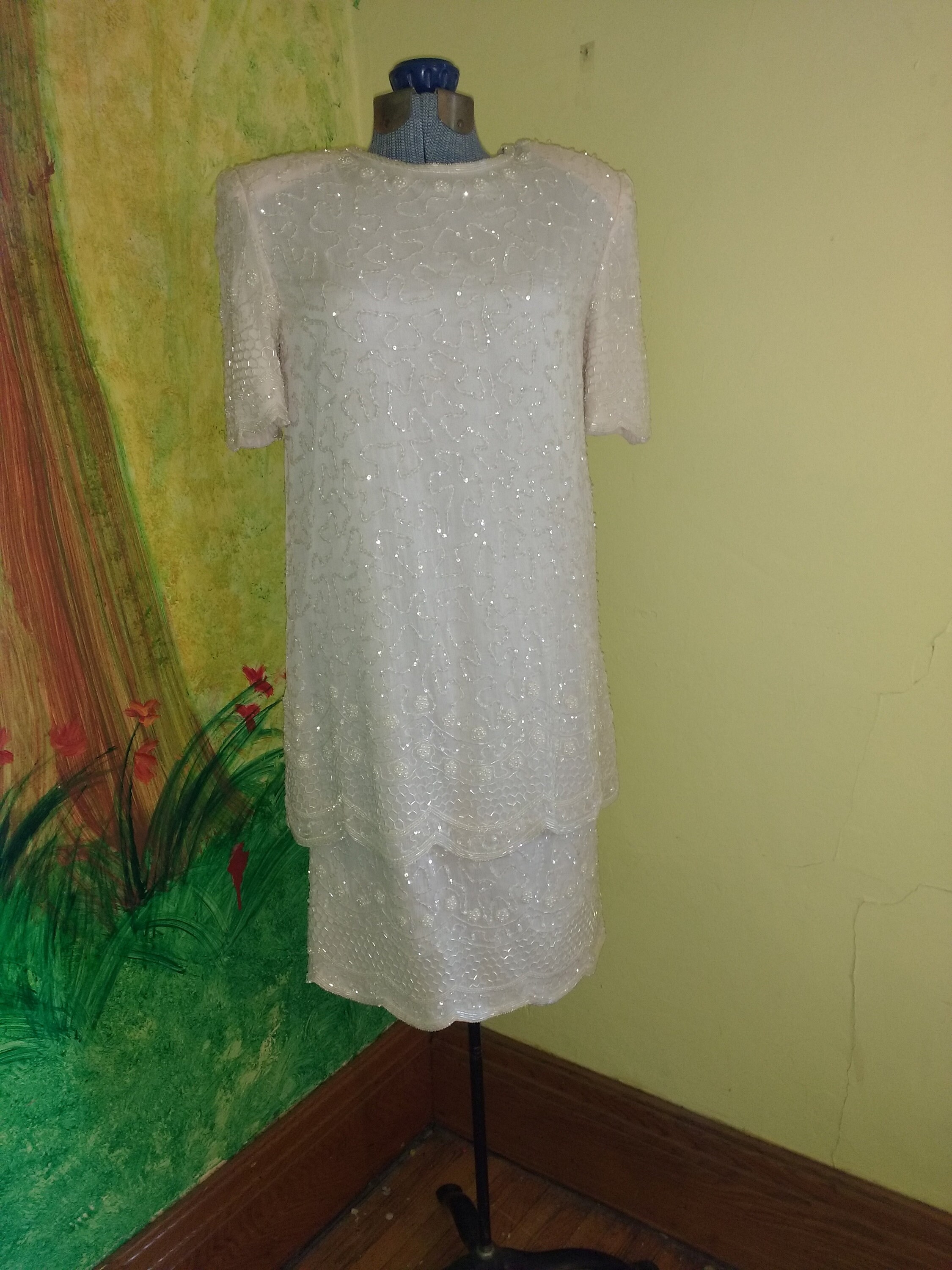 beaded silk chiffon dress 1920s silk chiffon beaded flapper dress  Devore Vintage