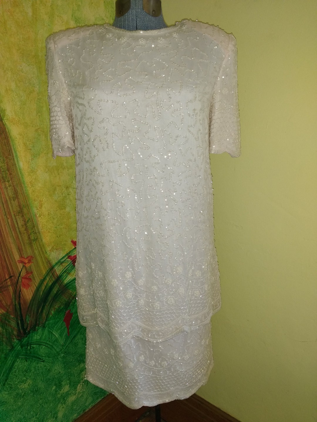 beaded silk chiffon dress Vintage Beaded Collar Silk Chiffon Dress – Recess main image 1