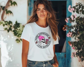 More Espresso Less Depresso Shirt, Skull Tee, Rock On Hands Shirt, Coffee Lover Gift, Skeleton Graphic Tee, Espresso Lover Gift