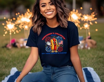 Democracy's Collapsin, Patriotic Hot Dog Character Tee, Fourth of July Fireworks, Funny Hotdog Design
