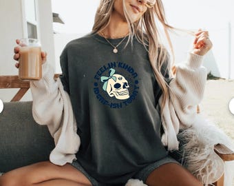 Feelin' Kinda IDGAF-ish Today Skull T-Shirt | Retro Skull Graphic, Playful Skull with Bows and Bombs