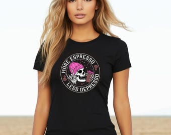 More Espresso Less Depresso, Espresso Lover Shirt, Midweight Cotton Top, Skull Wearing Hat, Rock Hands Tee, Coffee Lover Gift,
