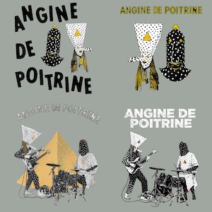 以下が含まれることがあります： グレーの背景に、「ANGINE DE POITRINE」のテキストが入った4つのイラストがあります。イラストには、水玉模様と三角形の帽子をかぶった人物や、楽器を演奏するバンドが含まれています。バンドメンバーは水玉模様とストライプの衣装を着ています。