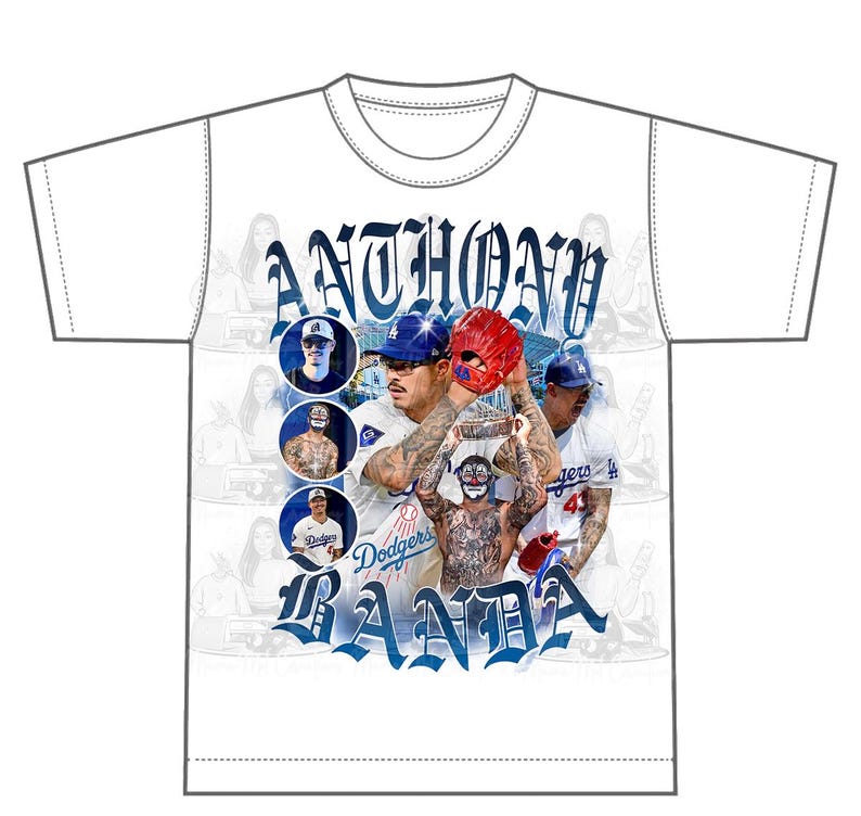 May include: White t-shirt with a graphic print of baseball players and the text "Anthony Banda".