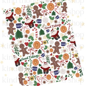 May include: A festive pattern featuring Santa Claus, gingerbread men, candy canes, orange slices, and Christmas trees. The words "Good Tidings" and "JOY" are also included in the design. The background is white with gold stars.