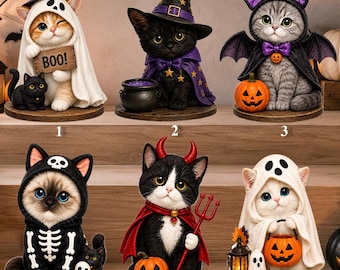 May include: Six decorative cat figurines dressed in Halloween costumes. Figure 1 is a cat in a ghost sheet holding a sign that says BOO. Figure 2 is a black cat in a witch hat and cape. Figure 3 is a gray cat with bat wings. Figure 4 is a cat in a skeleton suit. Figure 5 is a cat with devil horns and a trident. Figure 6 is a cat in a ghost sheet holding a pumpkin bucket.