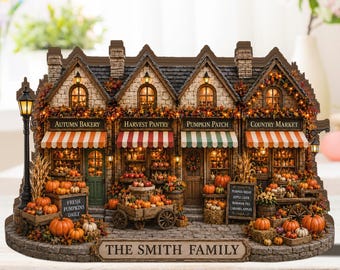 Personalized Autumn Village Streetscape, Cozy Cafe Tiered Tray Decor