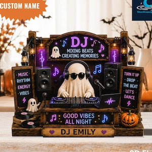 Personlig spök-DJ-träkloss, Halloween-musikdekor, läskig festpresent