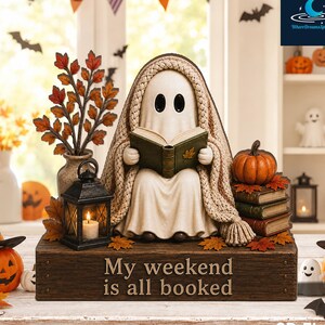 Bloc de bois fantôme lecteur pour Halloween, décoration automnale pour amoureux des livres, panneau d'étagère automnal, décoration de table bibliothèque chaleureuse, accessoire citrouille pour la maison