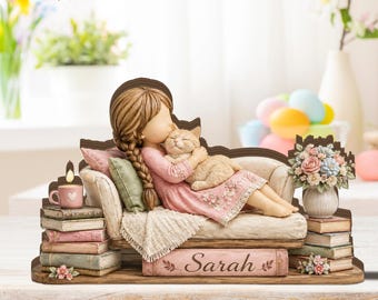 Decoración personalizada de niña y gato leyendo, bloque de madera con nombre personalizado, regalo para amantes de los libros