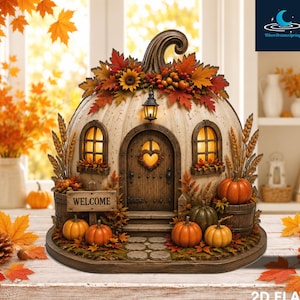 May include: A decorative pumpkin-shaped house featuring a wooden door with a heart-shaped window, two arched windows, and a hanging lantern. The exterior is adorned with autumn leaves, sunflowers, wheat stalks, and small pumpkins with a Welcome sign.