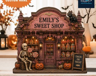 Personalisierter Halloween-Holzklotz für einen Süßwarenladen, individuelle Dekoration für den Süßwarenladen, Geschenkidee mit Skelett-Plakette