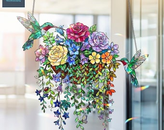 Hummingbird Suncatcher, Flower Basket Window Hanging, Bird Garden Decor, Nature Lover Gift